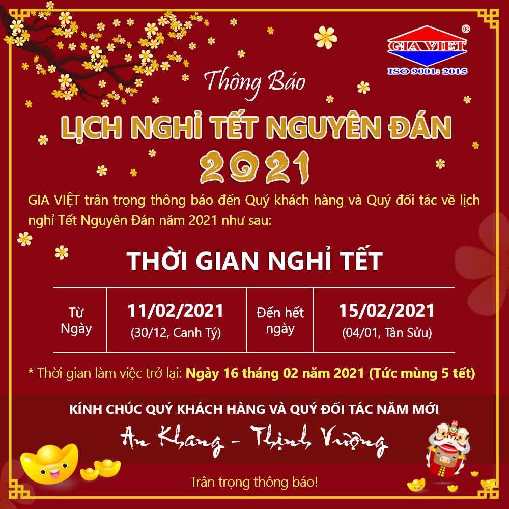 THÔNG BÁO LỊCH NGHỈ TẾT NGUYÊN ĐÁN NĂM TÂN SỬU 2021