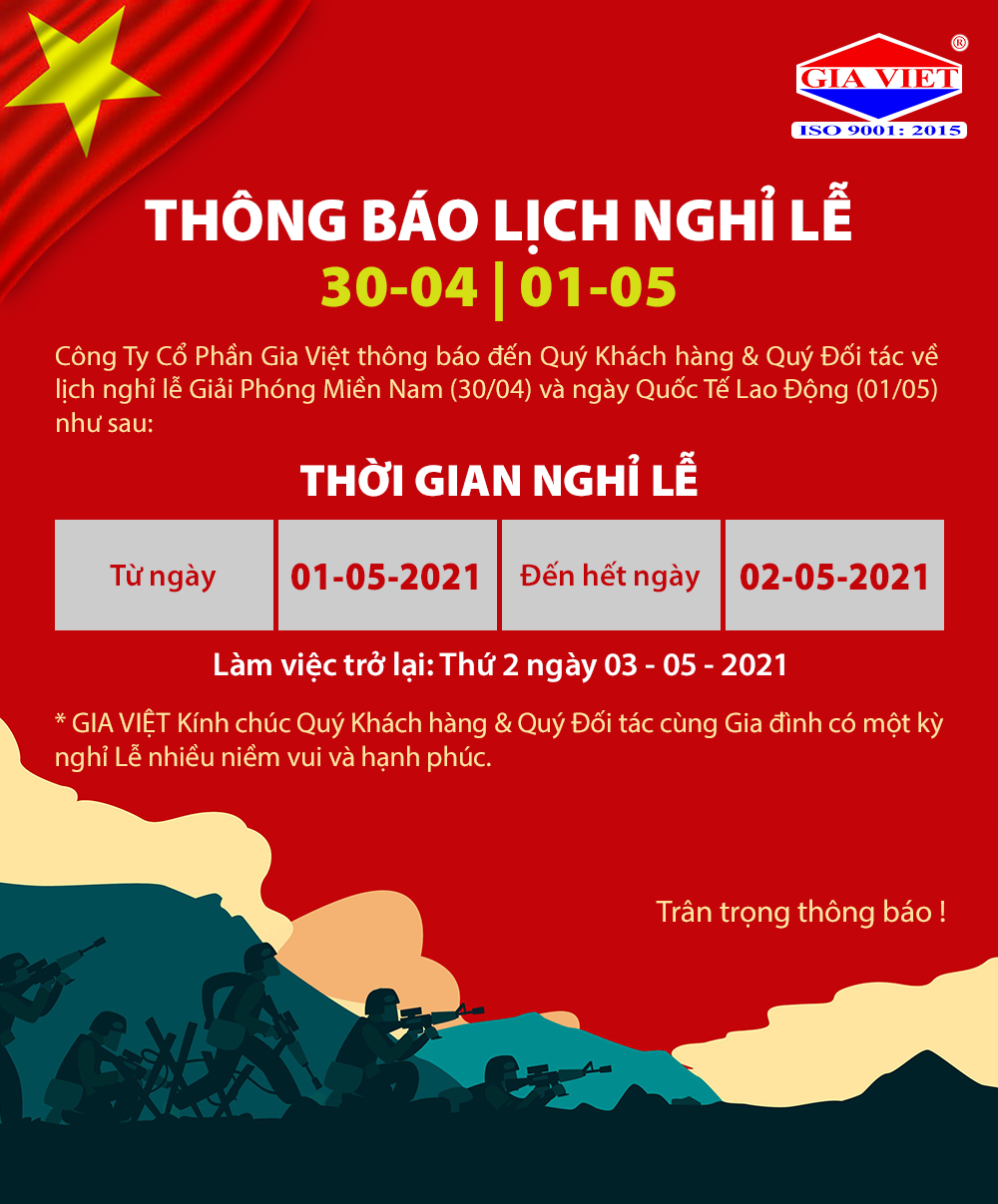 THÔNG BÁO LỊCH NGHỈ LỄ NGÀY GIẢI PHÓNG MIỀN NAM THỐNG NHẤT ĐẤT NƯỚC (30-04) VÀ NGÀY QUỐC TẾ LAO ĐỘNG (01-05)