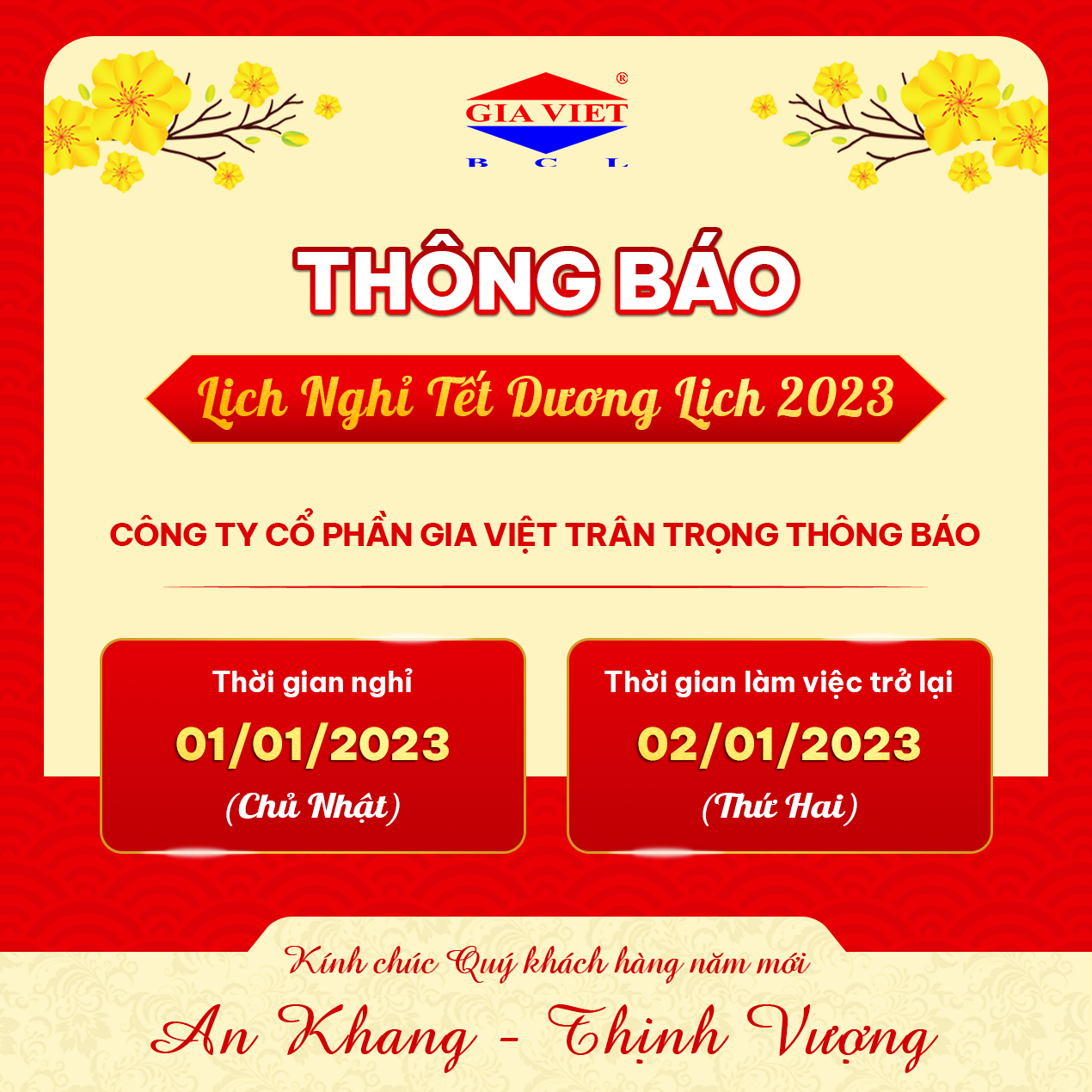 THÔNG BÁO LỊCH NGHỈ TẾT DƯƠNG LỊCH NĂM 2023